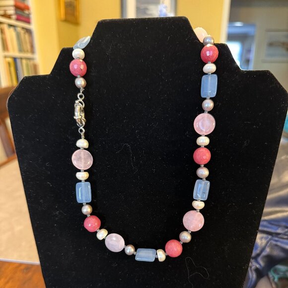 Genuine semi-precious beads & pearl silver necklace 18 inch handmade in Italy - Picture 1 of 5